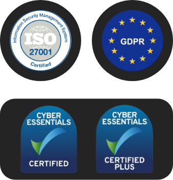 A display of four unique logos for the Cyber Essentials certification, ISO Certified and GDPR Certified.